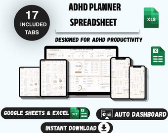 ADHS-Planer-Tabelle | Google Tabellen & Excel | ADHS-Lebensplaner | Produktivitäts-Tracker | Planer für exekutive Funktionen | Digitaler Download