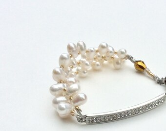 Rhinestone beaded pearl  cuff bracelet / wire wrapped white pearls with gold swarovski