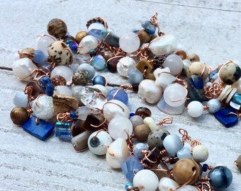 fringe charm bracelet. blue. brown. white.  Gemstones Copper wire wrapped chain beaded bracelet