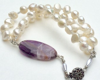 Amethyst pearl cuff bracelet / wire wrapped gemstone jewelry/ romantic white pearls