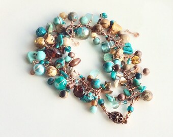 Copper earth aqua bracelet / wire wrapped beads / gemstones /