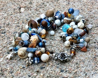 fringe bracelet. Chain bracelet. blue. brown. white.  Gemstones Silver wire wrapped chain beaded bracelet