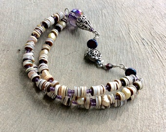 Layered seashell beaded cuff bracelet / wire wrapped jewelry / heishi seashells / purple faceted Czech glass