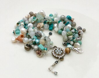 Chain beaded bracelet / adjustable teal and white gemstone seashell and pearl wire wrapped anklet or bracelet / layering jewelry