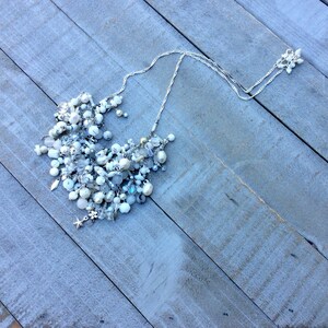 white fringe necklace. wire wrapped white beaded handmade romantic jewelry. swarovski. moonstone. pearls