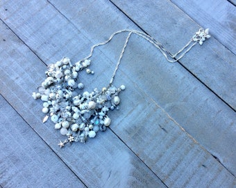 white fringe necklace. wire wrapped white beaded handmade romantic jewelry. swarovski. moonstone. pearls