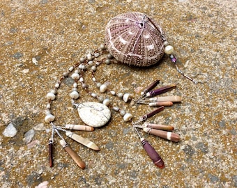 Sea Urchin / howlite gift decoration. Seaside chimes.  One of a kind Seashell beach Handmade wire wrapped home decor.