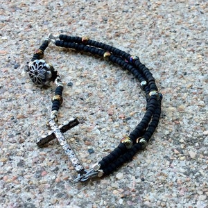 Cross bracelet / black gothic beaded gift / rhinestone beaded bracelet
