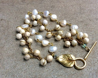 white pearl gold bracelet. Wire wrapped Riverstone and pearls gold stacking chain bracelet