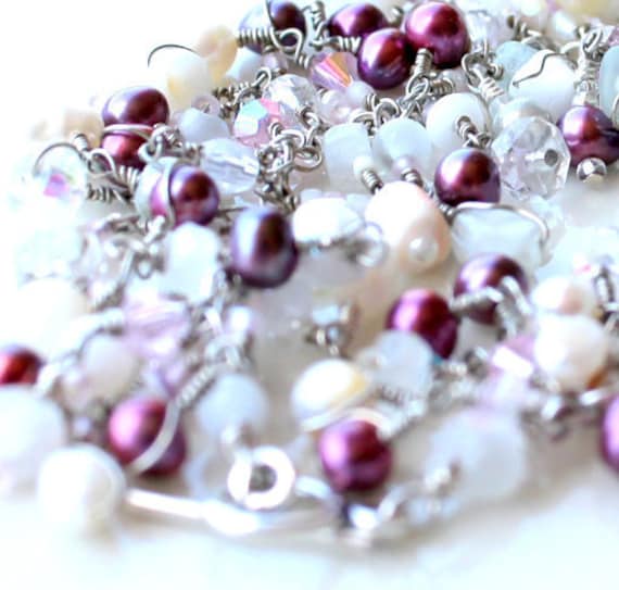 fields of raspberry pearls. bracelet. layered. white moonstone and assorted beads wire wrapped.