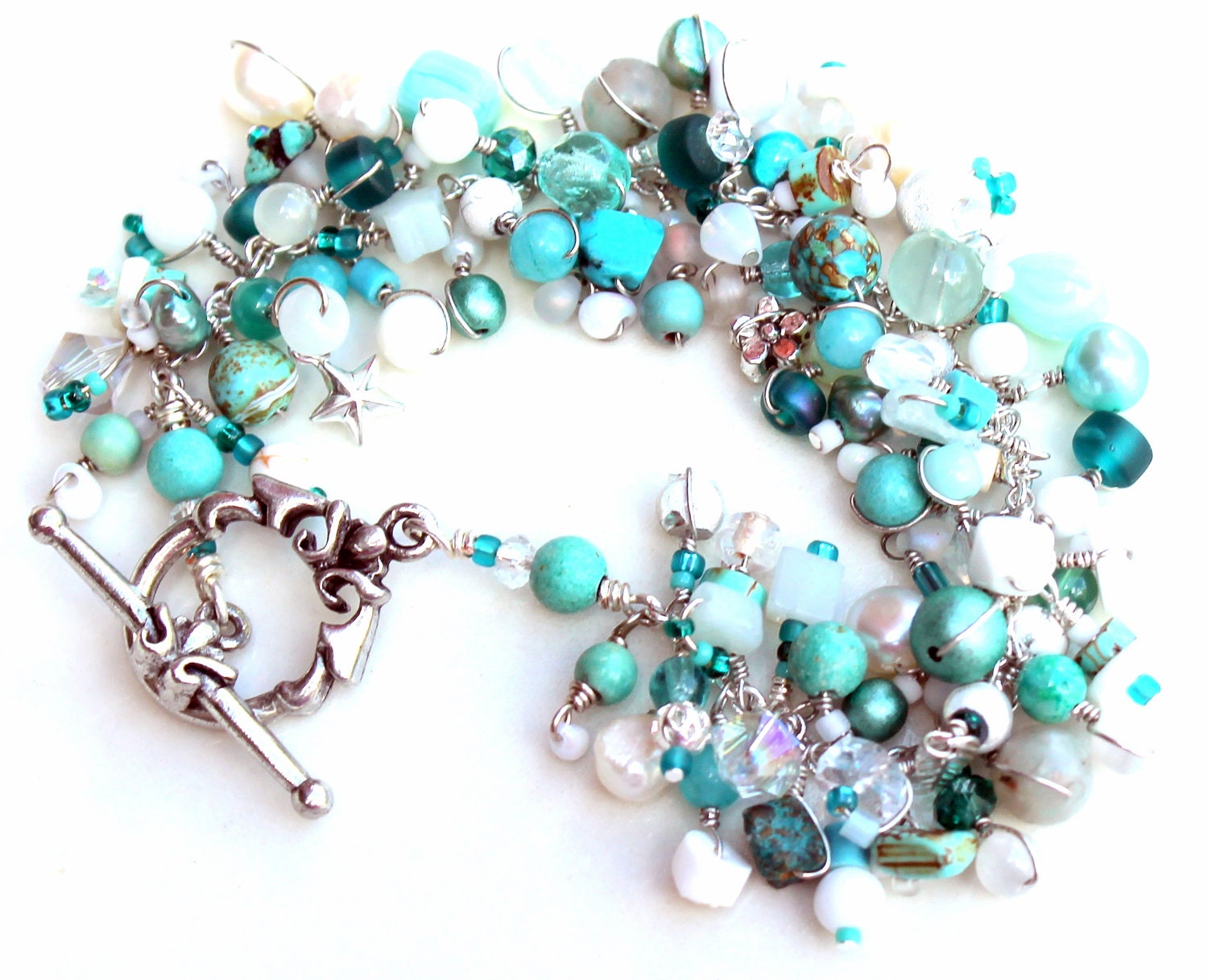 Fringe Bracelet. Uniquenecks Beaded Bracelet Teal and White Etsy