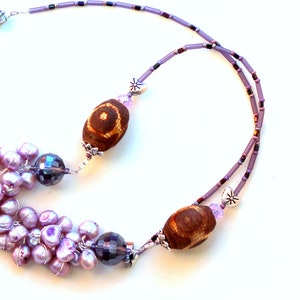 pearl wrapped necklace. beaded pearls purple / sterling silver gift / wire wrapped / tribal brown and purple / silver hearts image 2