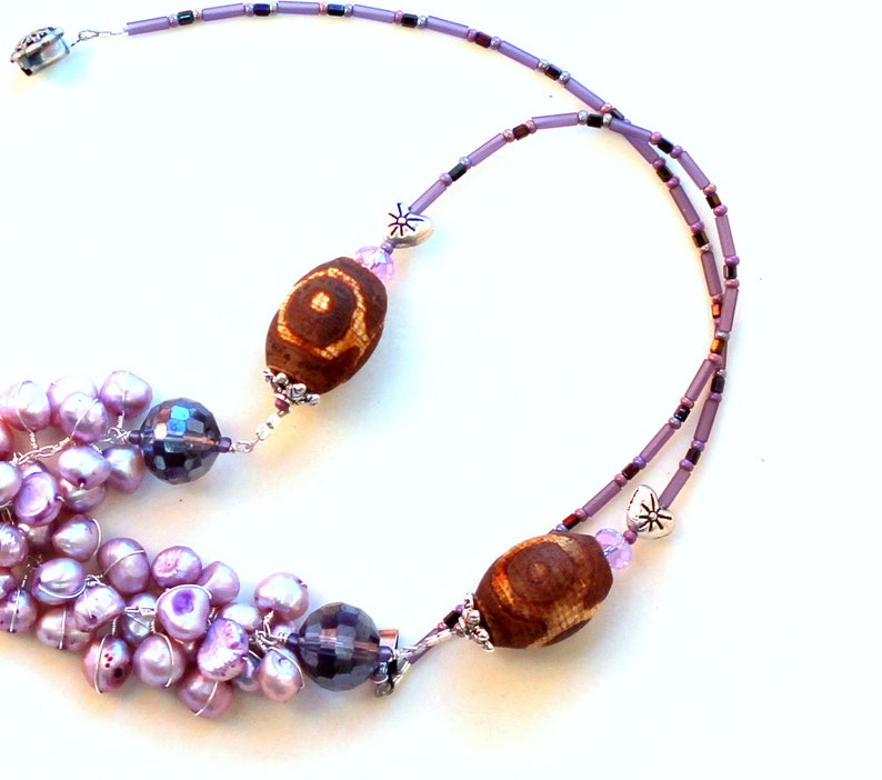 pearl wrapped necklace. beaded pearls purple / sterling silver gift / wire wrapped / tribal brown and purple / silver hearts image 2