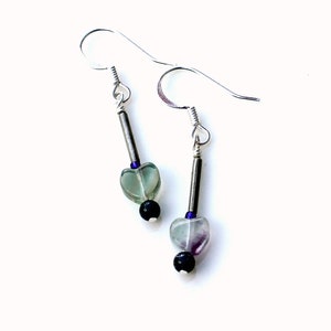 heart sticks earrings.  fluorite hearts. FREE SHIPPING.  blue goldstone rounds. antiqued silver tubes