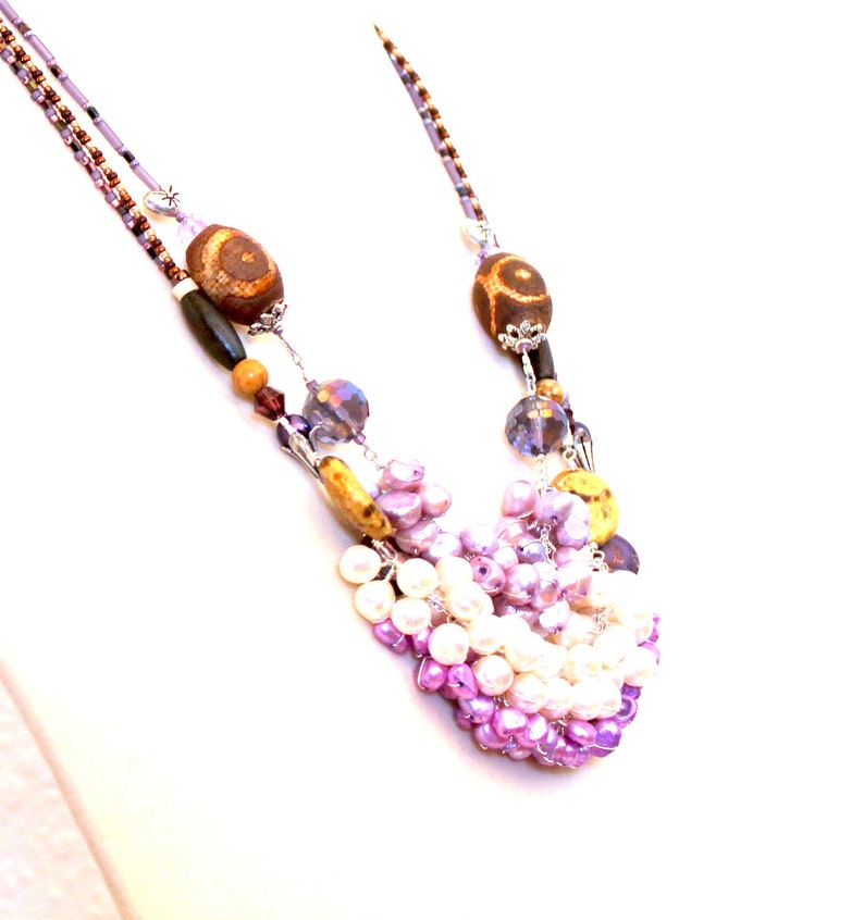 pearl wrapped necklace. beaded pearls purple / sterling silver gift / wire wrapped / tribal brown and purple / silver hearts image 1