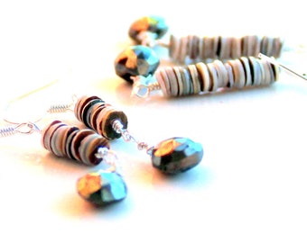 seashell pyrite drop earrings. wire wrapped.  sterling silver. green oyster shells earthy handmade