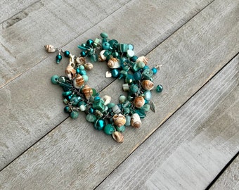 ocean mint beaded bracelet / adjustable teal handmade beachy shell / wrap jewelry