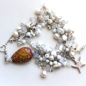 Mood Bracelet / Wire Wrapped Beaded Bracelet White Beads Starfish Charm ...
