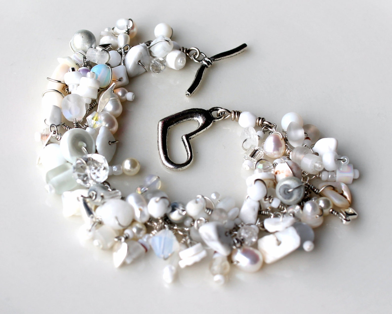 White Beaded Bracelet. Beaded Fringe Confetti Bracelet White Silver