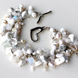 white beaded bracelet. beaded fringe confetti bracelet white silver beads charms swarovski jewelry wire wrapped beaded heart bracelet