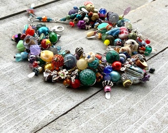 Sterling wire wrapped beaded bracelet or anklet. handmade multicolored unique beads- adjustable gemstone bracelet.
