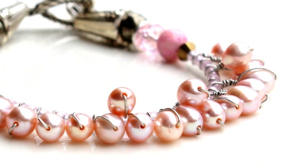 Bridesmaid bracelet. stacking bridal light pink pearls and pyrite bracelet wire wrapped jewelry. by uniquenecks