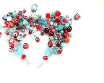 Red Turquoise mint Wonder / beaded bracelet / red garnet gemstones / turquoise teal gemstones / cathedral beads / wire wrapped OOAK gift