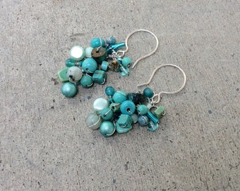 Fringe earrings. handmade earrings by UniqueNecks.  wire wrapped sterling silver teal. Aqua. Turquoise.