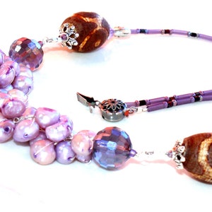 pearl wrapped necklace. beaded pearls purple / sterling silver gift / wire wrapped / tribal brown and purple / silver hearts image 5