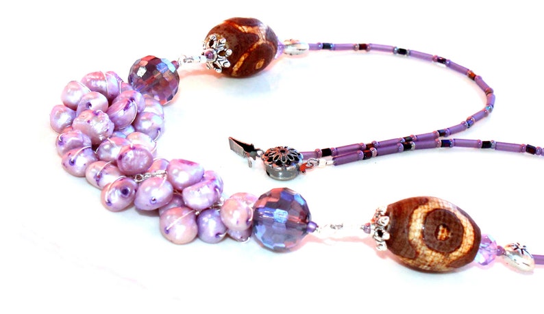 pearl wrapped necklace. beaded pearls purple / sterling silver gift / wire wrapped / tribal brown and purple / silver hearts image 5