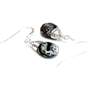 May include: A pair of silver wire wrapped earrings with black and white speckled stone drops.
