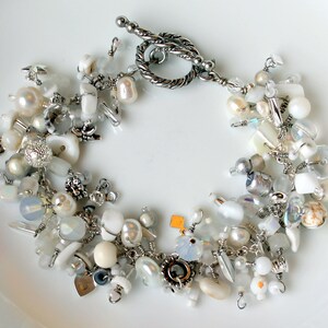 white wire wrapped bracelet. beaded fringe charm bracelet white silver beads charms swarovski jewelry image 3