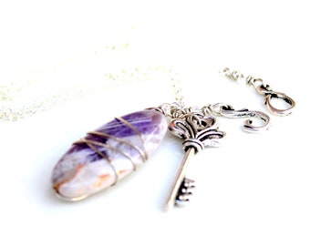 The amethyst key necklace. gothic romantic wire wrapped amethyst gemstone key charm