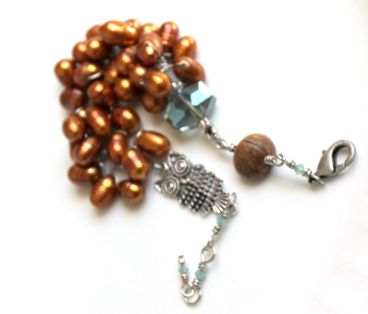 boho owl bracelet / pearl wrapped UniqueNecks jewelry / brown pearls / dusty blue czech glass & 