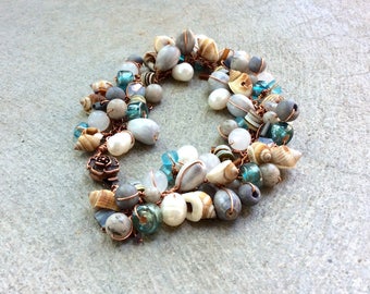 copper gemstone bracelet .  Seashells.  Swarovski. Moonstone.  Feldspar. wire wrapped chain jewelry gift