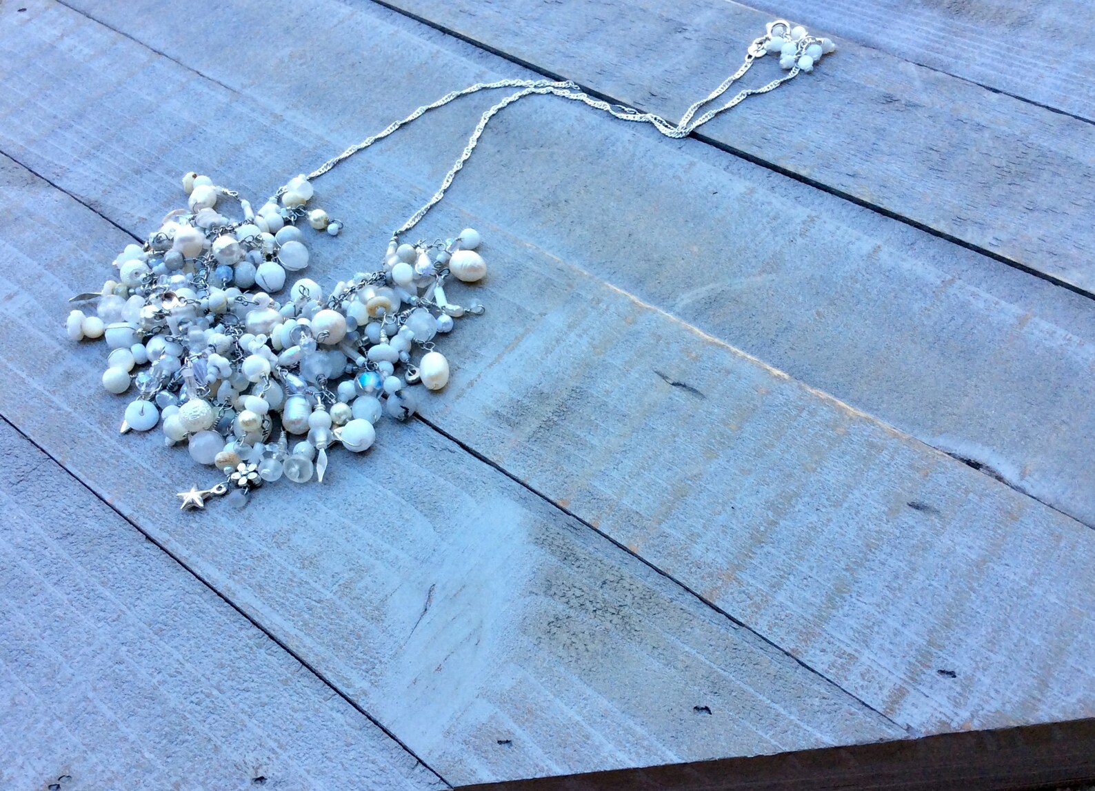 White Bead with Pink Beaded Fringe Necklace main image 1