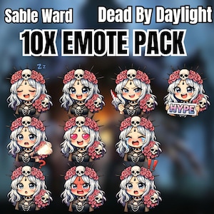 Może przedstawiać: Zestaw 10 cyfrowych emotikonów przedstawiających postać z białymi włosami, koroną z czaszek i czarnym strojem. Emotikony przedstawiają różne wyrazy twarzy i czynności, w tym spanie, trzymanie noża i pokazywanie serc. U góry widnieje napis "Sable Ward Dead By Daylight 10X EMOTE PACK."