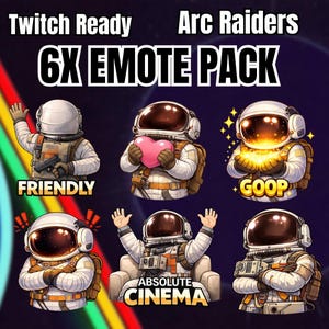 May include: A set of six Twitch emotes depicting astronauts in different poses. The emotes include the words "Friendly", "Goop", and "Absolute Cinema". The astronauts are wearing white and orange space suits with brown backpacks and helmets.