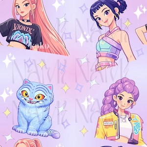 Puede incluir: Patrón repetitivo con ilustraciones de dibujos animados de mujeres elegantes y un gato azul. Las mujeres tienen varios peinados y visten atuendos modernos. El gato tiene pelaje azul y una sonrisa traviesa. El fondo es morado suave con estrellas.