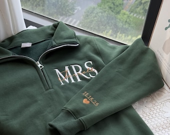 Custom Mrs Quarter Zip Sweatshirt Personalized Bridal Pullover with Name and Wedding Date Gift for Bride Newlywed