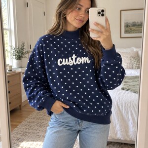 Custom Chenille Letter Polka Dot Mockneck Sweatshirt | Personalized Game Day Mascot Crewneck | Custom Team State Pullover