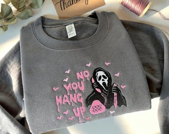 Funny Halloween Embroidered Sweatshirt, No You Hang Horror Up  Movie Crewneck, Cute Halloween Pink Heart Pullover, Spooky Season Gift