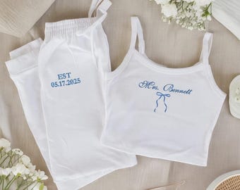 Embroidered Mrs. Pajama Set - Custom Bride Tank & Sweatpants - Bride Shirt - Personalized Bridal Shower Gift, Engagement Gift for Bride