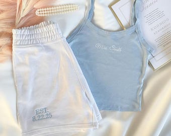 Custom Embroidered Mrs. Pajama Set, Mrs Tank & Joggers, Bridal Pjs, Bride Pajamas, Mrs. Set, Bridal Shower Outfit, Engagement Gift for Her
