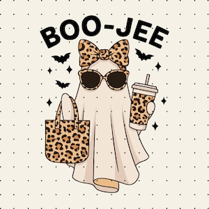 May include: A cartoon ghost wearing sunglasses and a leopard print bow, holding a leopard print tote bag and a coffee cup. The image includes the text "BOO-JEE" in black letters, with bats and stars.