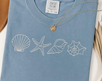 Embroidered Seashell Comfort Colors®,  Summer Coastal Comfort Colors Tee, Ocean Aesthetic Graphic Shirt, Starfish Shell Gift Idea