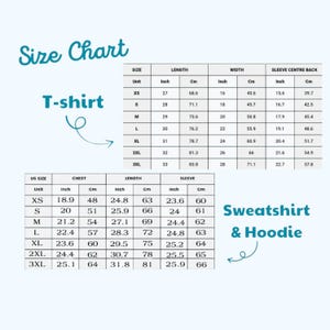 May include: A size chart for t-shirts, sweatshirts, and hoodies. The chart includes measurements in inches and centimeters for chest, length, and sleeve, as well as sleeve center back. Sizes range from XS to 3XL.