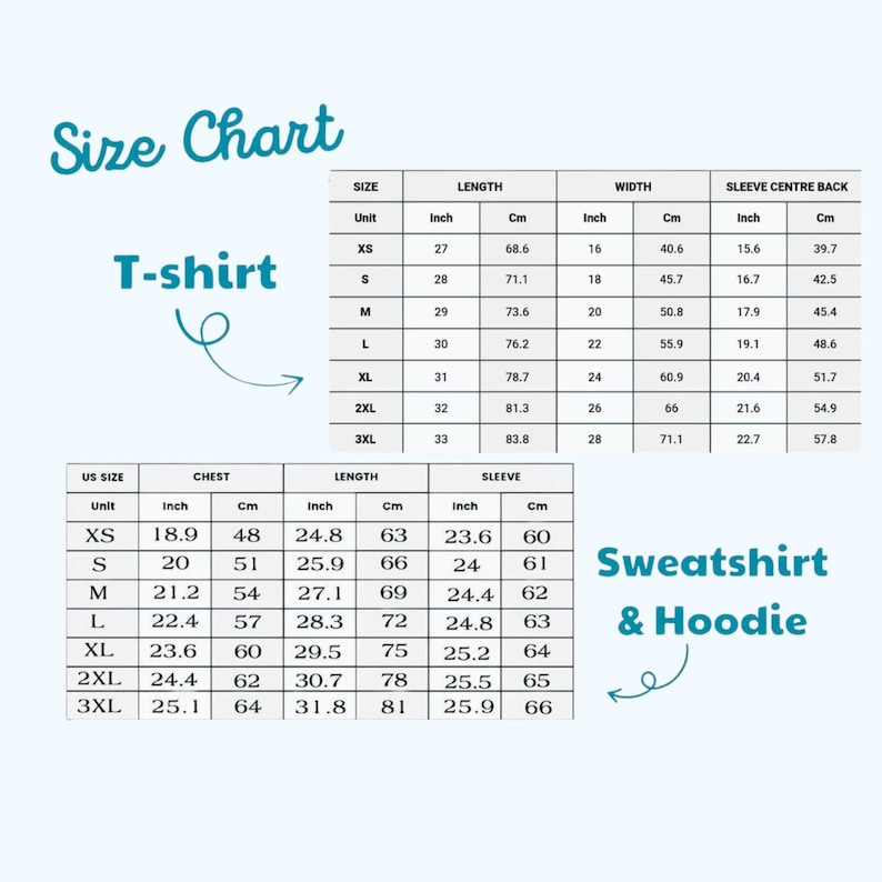 May include: A size chart for t-shirts, sweatshirts, and hoodies. The chart includes measurements in inches and centimeters for chest, length, and sleeve, as well as sleeve center back. Sizes range from XS to 3XL.
