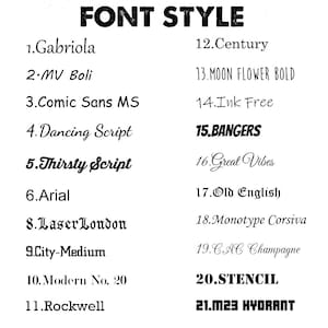 May include: A white background presents 21 font styles, each numbered and named. The title "FONT STYLE" is at the top. Font examples include "Gabriola," "Comic Sans MS," "Arial," and "STENCIL," showcasing various typefaces for design projects.
