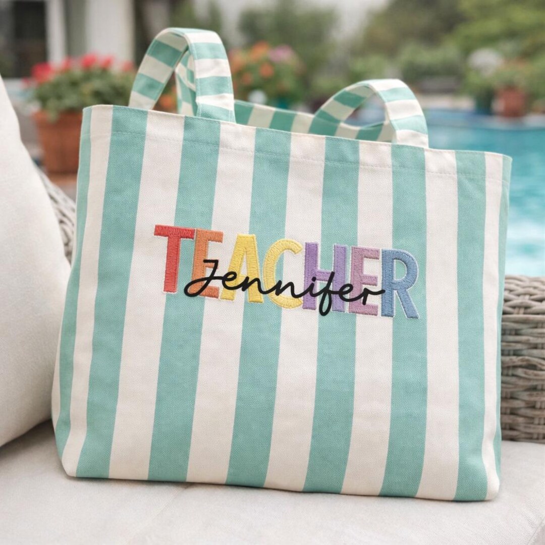 Personalized Teacher Tote Bag Custom Name Rainbow Embroidered Striped ...